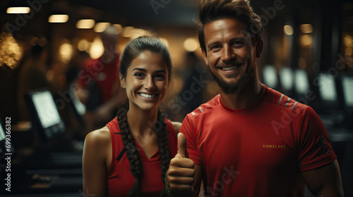 Fitness Success: Personal Trainer Assisting a Client in the Gym, Giving a Big Thumbs-Up as a Sign of Encouragement and Achievement in Training