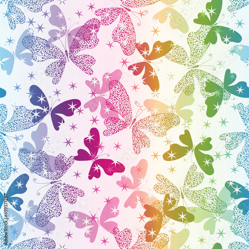 Vector seamless pattern with dotty stylized butterflies whis stars on a white background