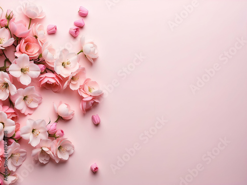flat lay photo of sakura flowers (cherry blossoms) on bottom left and bottom right of a flat soft pink background with copy space in the right