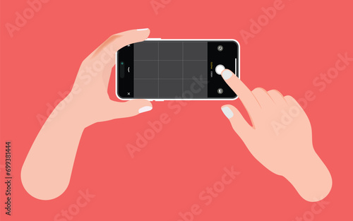 Taking a photo with a smartphone: a finger touches the mobile phone screen to capture the picture while pressing the camera button. Vector.