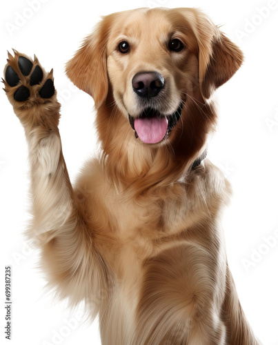 Golden retriever dog giving paw isolated on transparent background. PNG