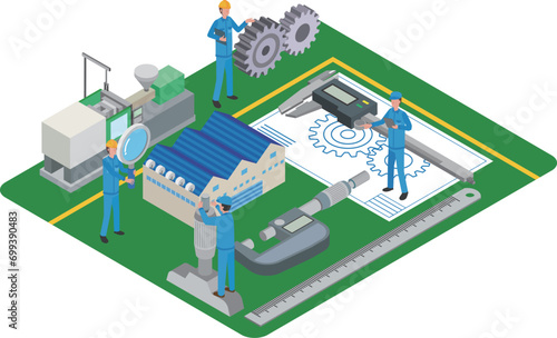 製造工場と測定器具のイラスト