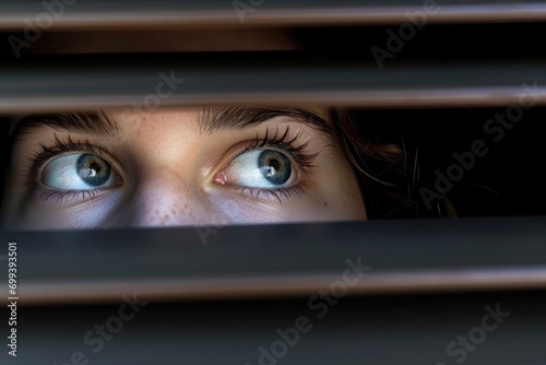 Terrified young woman's eyes looking through windows blinds