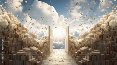 a path made of books leading to a gate