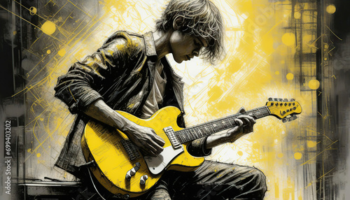 A young boy playing the electric guitar on a grunge background. Digital painting.