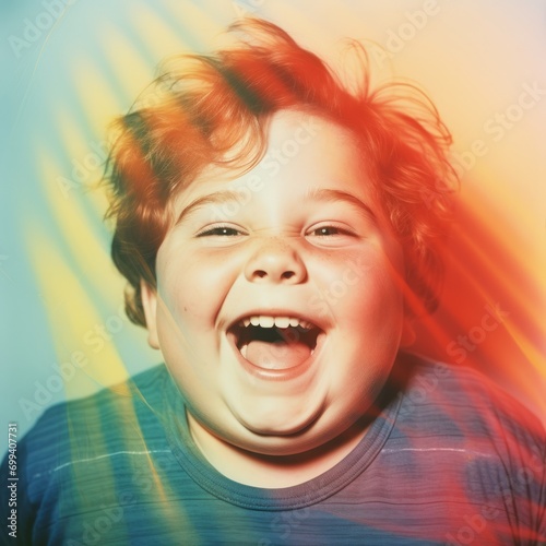 Insanely Happy Chubby Cheeks Boy, Photo Portrait with Colored Lights, trippy rainbow neon retro studio shot, mouth wide open, grin, ecstatic, celebrate, joy, funny photo, double exposure, tritone