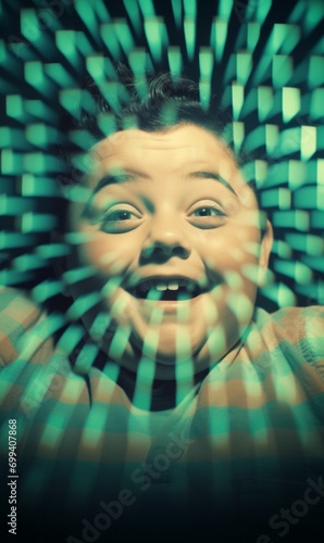 Light Effects, Lights and Mirrors, Happy Chubby Boy, Photo Portrait with Colored Lights, trippy retro studio shot, grin, ecstatic, celebrate, joy, funny photo, double exposure, tritone
