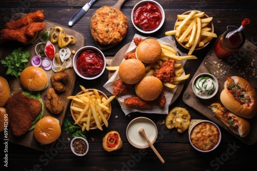 Assorted Fast Food Feast on Rustic Wooden Table