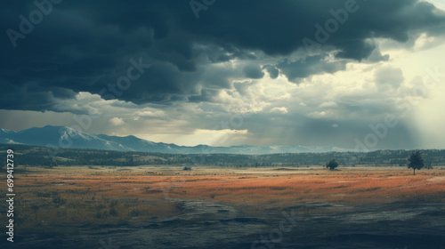 Brooding storm clouds gathering over a serene mountain range with sun rays piercing through, evoking a dynamic contrast.