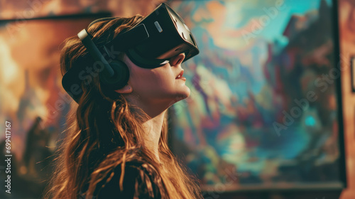 Young woman wearing a virtual reality headset using it to visualize a museum art gallery with paintings, virtual museum tour concept