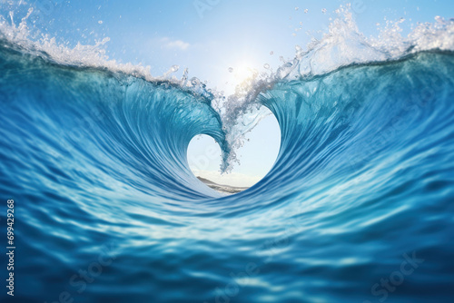 3D Heart Shape Wave in the Light Blue Sea Ripples. Perfect for Valentine's Day Seascapes Background