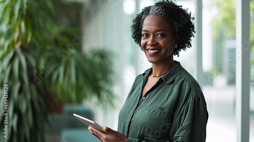 Smiling mid aged mature professional business woman in forest green blouse, 40s female executive or entrepreneur holding fintech tab digital tablet standing in office at work, large window copy space