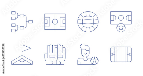Football icons. Editable stroke. Containing sport, tournament, field, corner, football field, football player, football gloves, gaelic football.