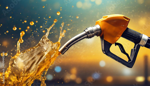 oil and gas pump nozzle, liquid flowing out, splashing liquid in the background blurred; petroleum and gasoline concept