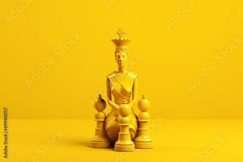 Realistic chess queen on bright yellow background for a minimal creative battle concept. 3D-rendered illustration. Generative AI