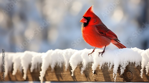 A detailed portrayal of a cardinal perched on a snow-covered fence post, capturing the crispness of a winter morning