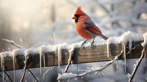 A detailed portrayal of a cardinal perched on a snow-covered fence post, capturing the crispness of a winter morning