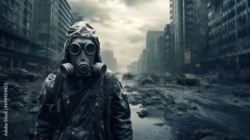 Apocalypse survivor in gas mask and protective suit against a city in ruins, a haunting scene of post-catastrophe desolation.