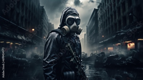 In a desolate cityscape, a man in a gas mask and protective suit symbolizes the aftermath of war and destruction.