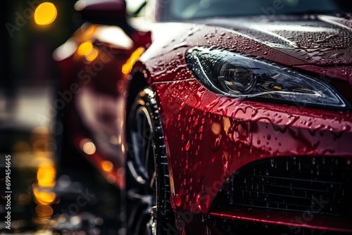 Close-up of a red sports car detailed to perfection, glistening with raindrops