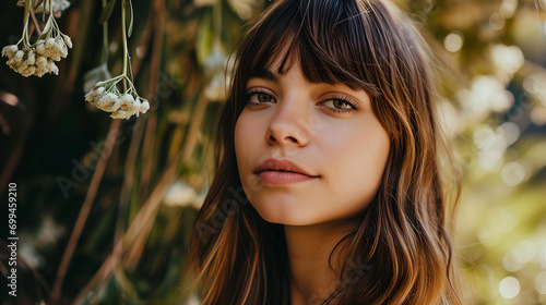 Close-up of Curtain Bangs Hairstyle, young attractive model