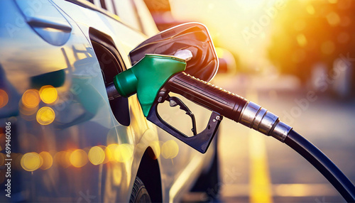 close up, car fuelling nozzle, pumping gasoline into the car; fueling station background with sun flare and bokeh