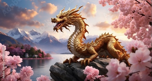 A majestic golden Chinese dragon soaring amidst cherry blossom clouds over a tranquil mountain lake, illuminated by a setting sun. hyper-realistic, lifelike, ultra-detailed, Wide-angle -Generative Ai