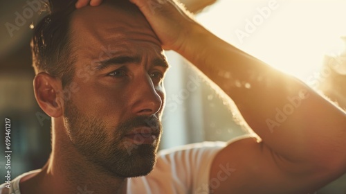 A man is seen holding his head in front of the sun. This image can be used to depict stress, headache, or frustration.