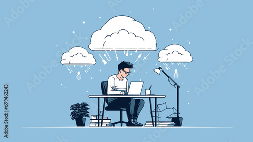 A professional working alone, brainstorming ideas. They could be sitting at their desk, working on a laptop, or simply doodling. The illustration could show the focus and determination of a single ind
