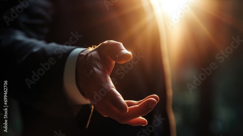 A man in a suit extending his hand towards the sun. Ideal for depicting ambition and reaching for goals