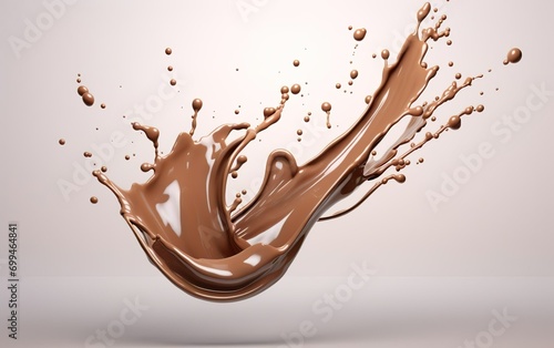 Chocolate milk splash 3d isolated on white background. Sweet liquid product banner. AI Generative.