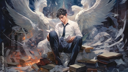 serene male figure with spectacular wings seated in the eye of a paper storm. high-quality imagery for creative projects and thought-provoking artwork