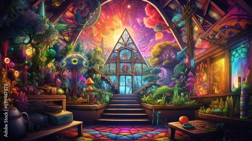 stunning artistic rendering of a room with a view. psychedelic interior meets surreal nature in a high-resolution digital painting