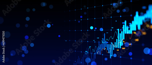 Creative growing forex chart on blue bokeh grid background. Trade, money, finance and success concept. 3D Rendering.