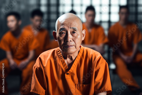 An elderly Asian male in his 60s, serving a life sentence, sitting quietly in the common area of the prison, with other inmates and guards in the background