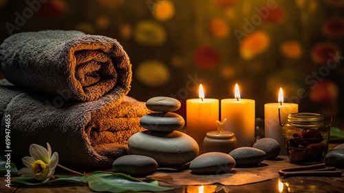 Relaxing autumn spa setting with candles, stones and towel in warm colors