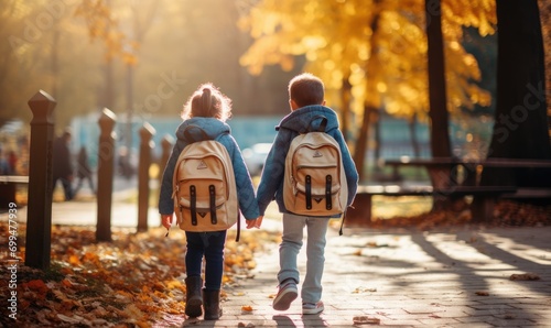 Two young girls walking down a sidewalk in the fall