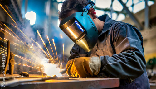 Close-up of a welder with protective mask, work gloves and orange safety helmet, while welding metal in a factory. Generative Ai.