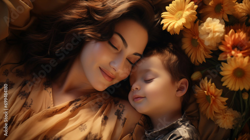 mother and son lying on the ground with flowers around them. concept of motherhood and care for children