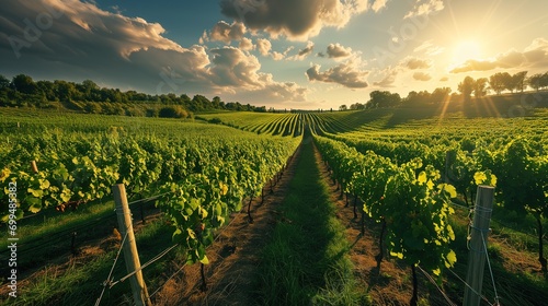 Sunset Over Lush Vineyard Rows in Picturesque Wine Country