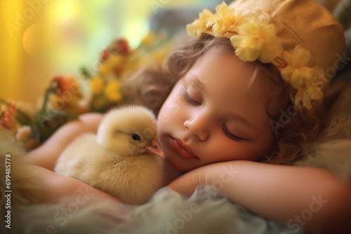 Little cute little baby girl sleeping peacefully next to a little duckling