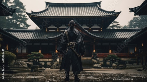 A epic samurai with a weapon sword standing in front of a old japanese temple shrine. rainy day with grey sky and tones. asian culture