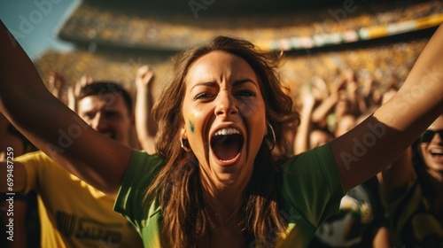 A football fan crowd cheering and supporting their favourite soccer team on the stadium