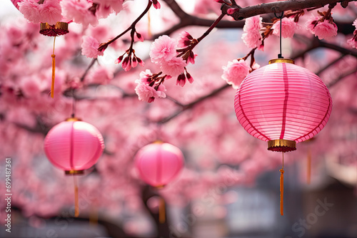pink cherry blossom in spring with pink Chinese lantern 