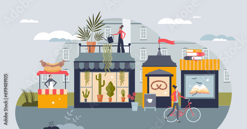 Small business owners and local places for retail shops tiny person concept. Boutique startup entrepreneurship with cafe, fast food kiosk, bakery or florist vector illustration. Professional service.