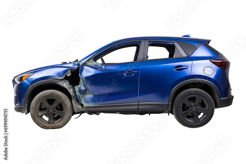 Side view of a Crossover: Midnight blue dents from the accident isolated on transparent background.