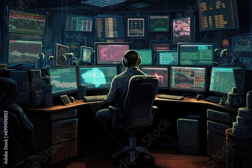 Trading. A trader sits at a computer. Market chart. Exchange trading. 