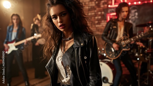 Dynamic rock band performance with a stylish female vocalist in a leather jacket, capturing the essence of live music and rock 'n' roll culture.