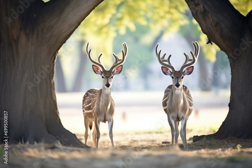 two kudus under a shady tree