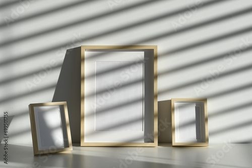 white background with shadows, plain wooden frame, light and shadows